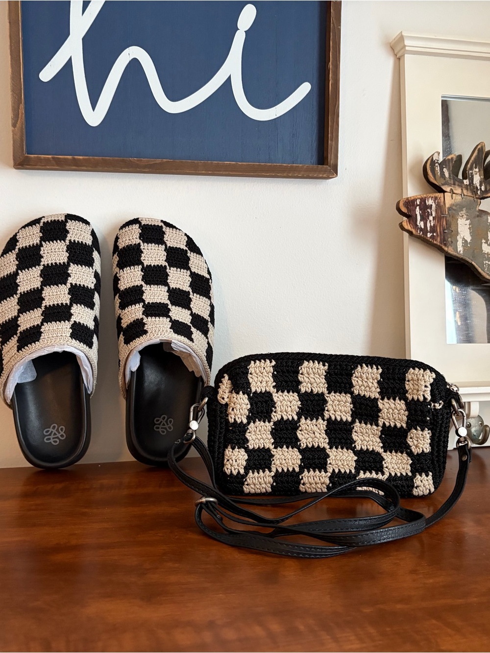 The Sak Black & Cream Checker Bolinas Crochet Slides & Crossbody 2 pc set